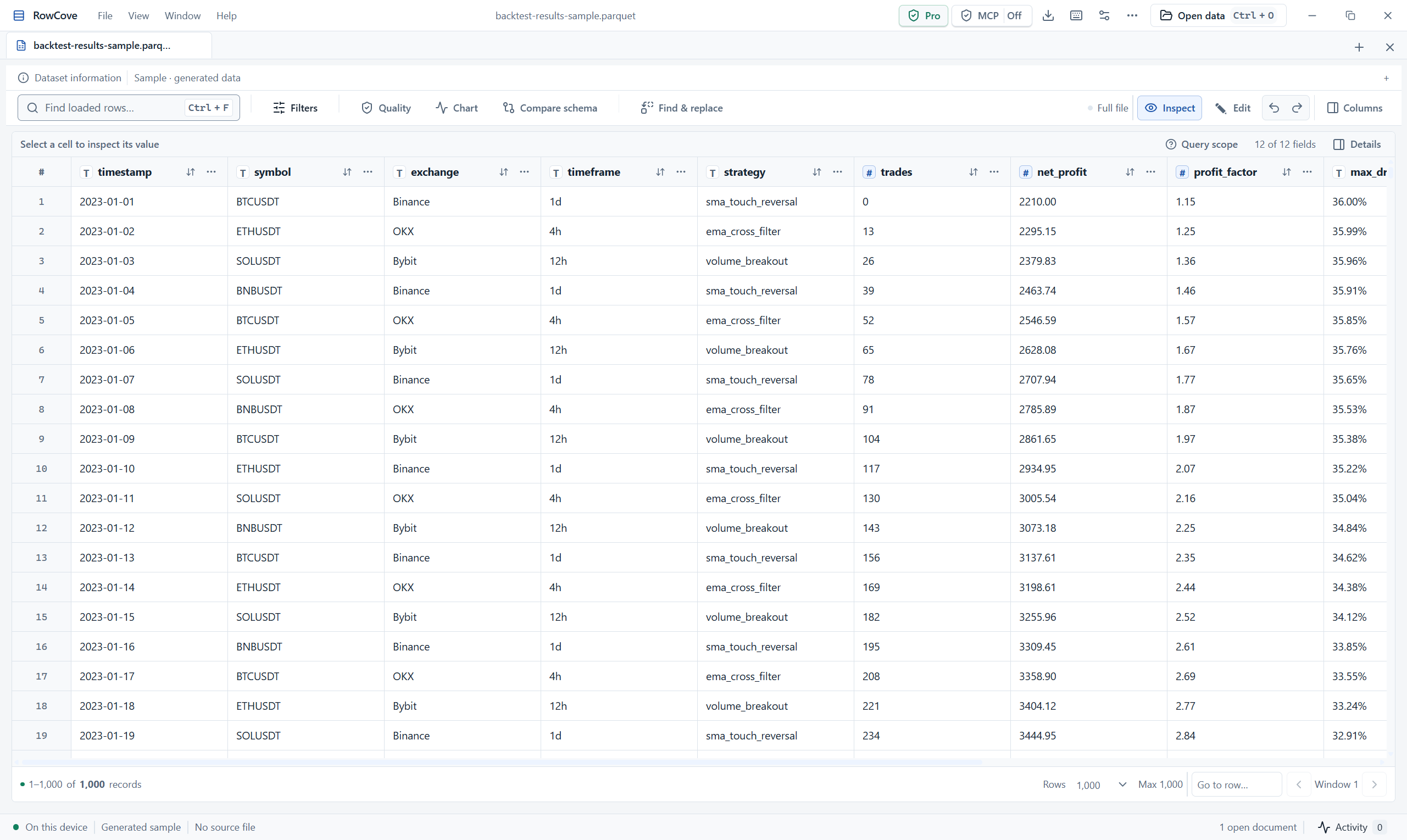 RowCove desktop data viewer showing generated backtest records, typed columns, query controls and bounded pagination